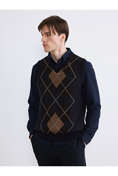 LC Waikiki Vizyon New Season V-Neck Diamond Patterned Men's Knitwear Sweater