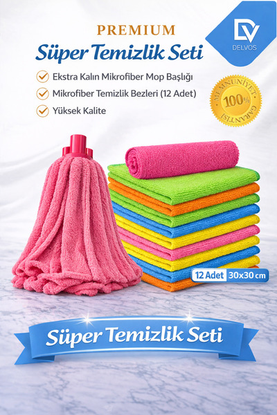 Delvos Süper Temizlik Seti Premium Mikrofiber Yedek Mop ve 12'li Mikrofiber B...