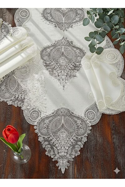 Annalisa Σετ σαλονιού Zambak 5 τεμαχίων από λινό γαλλικό δαντελωτό ύφασμα χωρ...