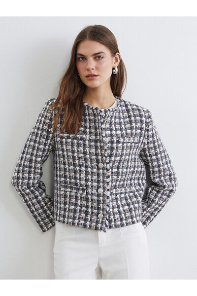 LC Waikiki Lcw Studio Gray Oval Collar Plaid Women's Tweed Jacket with Nevavm...