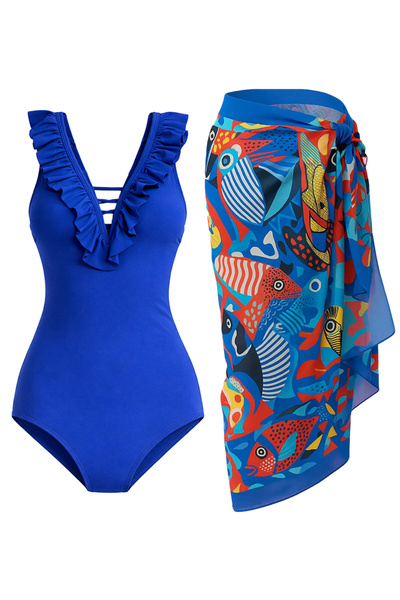 CUPSEA Slimming Effect Blue Swimsuit with Ruffles on the Front and Fish Patte...
