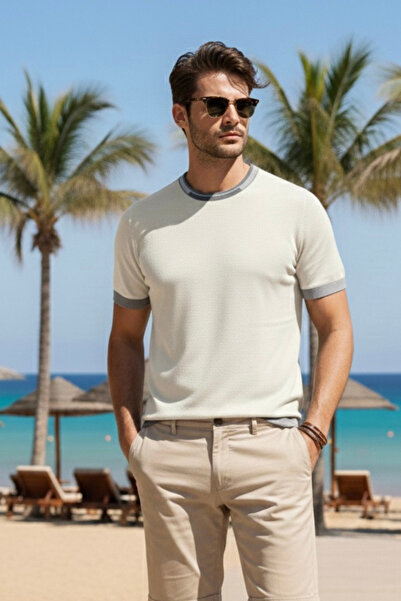 Maccali Men's Summer Trend Short Sleeve Knitwear Beige T-Shirt
