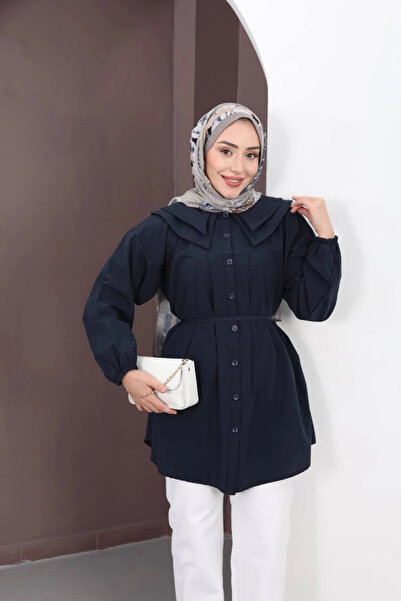 MetuCA Women's Black Wide Double Collar Pleated Belted Woven Fabric Long Tuni...