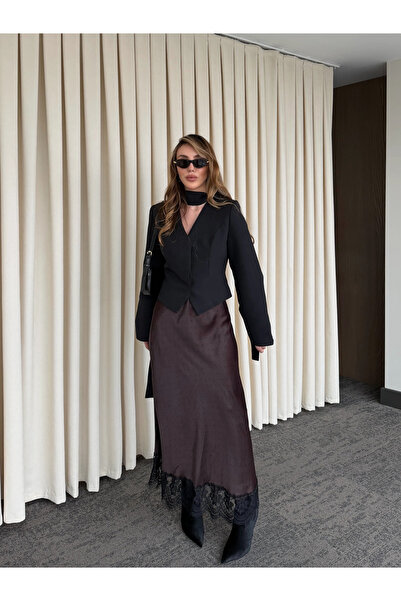 Laluvia Brown Polka Dot Satin Skirt with Lace Hem - 50228