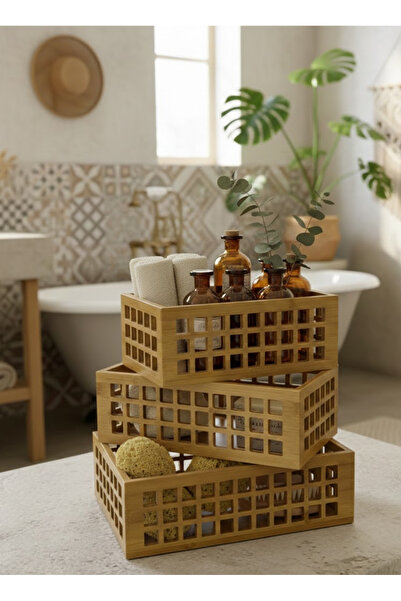 Nuha Home Bambu 3 Lü Stil Kare Bölme Desenli Retro Düzenleyici Organizer Sepet