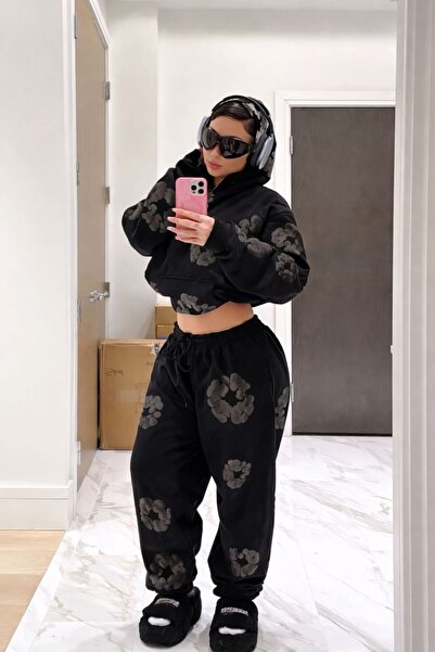 CLASSY.MODA Unisex Cloud Patterned Hooded Tracksuit Set – Crop Hoodie & Jogge...