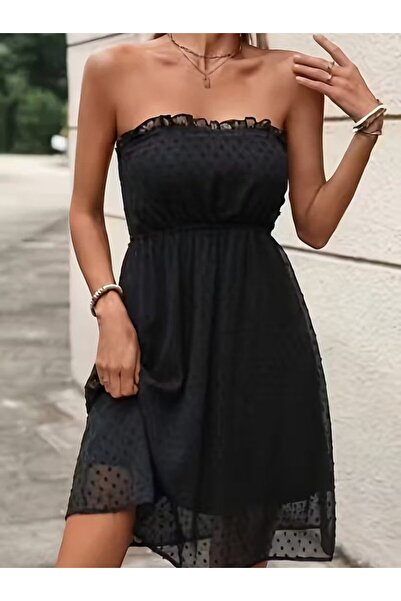 Masspera Kadın Siyah Straplez Mini Elbise Tül Detaylı Şifon Şık Kadın Elbise
