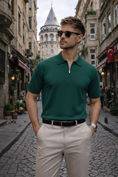 Maccali Чоловіча базова футболка з застібкою-блискавкою Relax Fit зеленого ко...