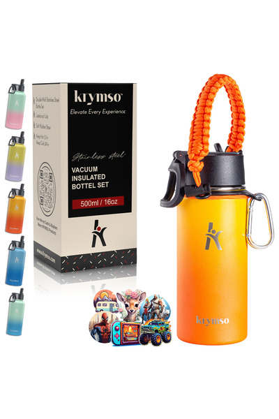 Krymso 500ml Stainless Steel Water Bottle for Kids with Straw, Stickers, Ther...
