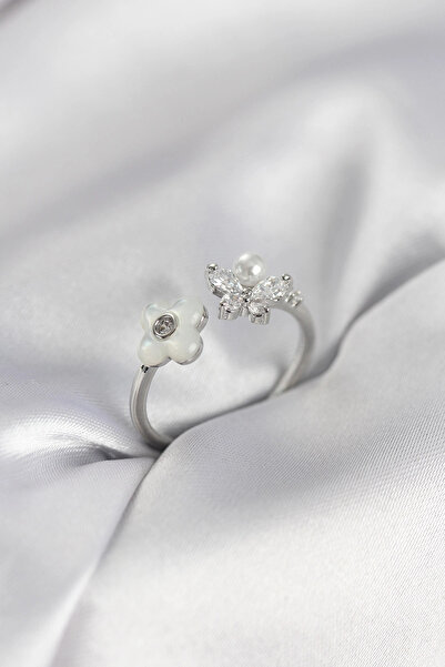 CT STONES Mey imports ®   Silver color pearlescent flower model women's ring