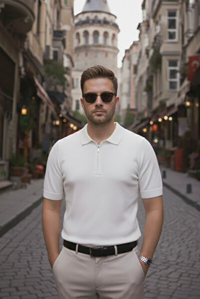 Maccali Men's Basic Zippered Relax Fit White Polo Collar T-Shirt