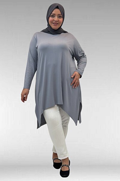 Eslina 58070 Plus Size Asymmetrical Cut Combed Cotton Tunic - Gray