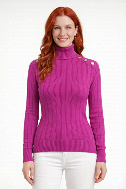 Neden Tekstil High-Necked, Buttoned, Striped Knit Sweater
