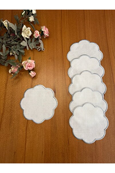 Smiling Home 6 Pieces Gardenia Linen Silver Color Cloud Patterned Embroidered...