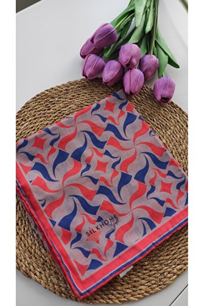 Silk Home Soft Scarf Red Navy Blue Wavy Pattern