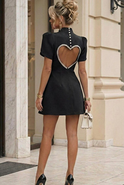 Afitapbutikmoda Kısa Kollu Kalp Detay Sırt Dekolteli Romantik Mini Elbise