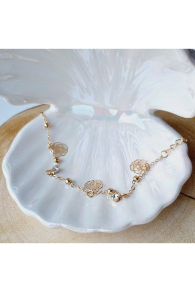 Airmag Bratara dama aurie din metal, reglabila, cu charm trandafir