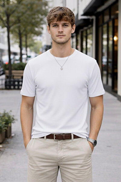 Maccali Men's Trend 100% Cotton Waffle Fabric White T-Shirt