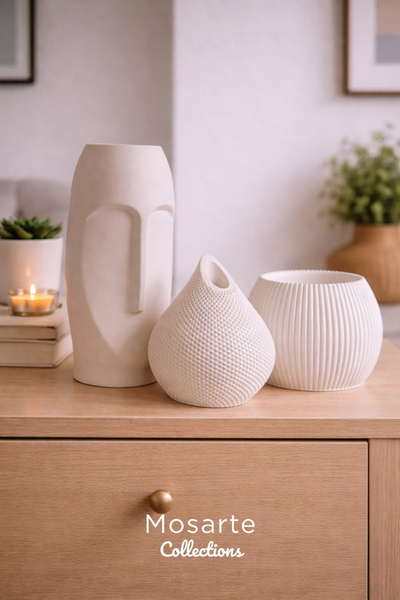 Mosarte سلسلة أتيليه وايت - مجموعة مزهريات وتماثيل بيضاء عصرية