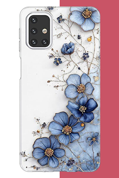 Aksesuarist Samsung Galaxy M31s Uyumlu mavi çiçek UV Baskılı Silikon Kılıf