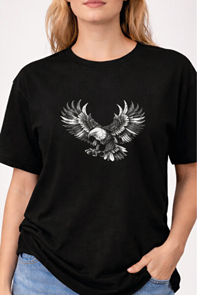 trivexa Black and White Eagle Printed Oversize T-Shirt 100% Cotton Crew Neck