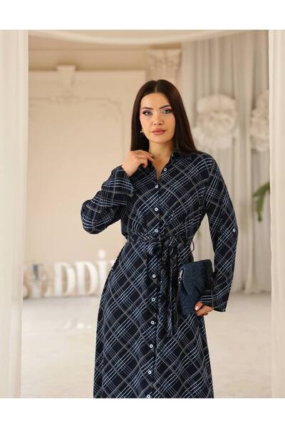 Cannes Arima Women's Casual Square Patterned Belted Navy Blue Stylish Dress