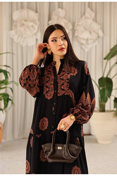 Cannes Rissa Women's Relaxed Fit Ethnic Patterned Bohemian Black Dress