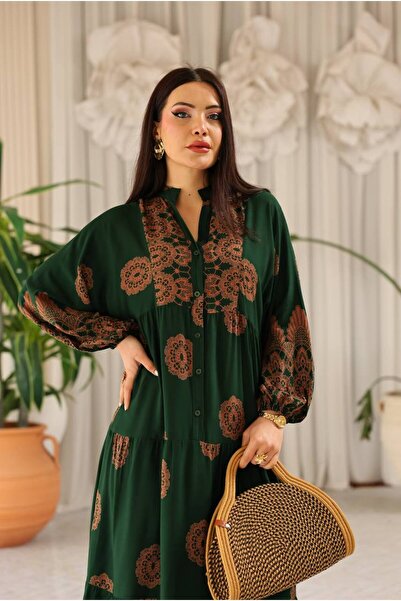 Cannes Rissa Women's Relaxed Fit Ethnic Patterned Bohemian Khaki Dress