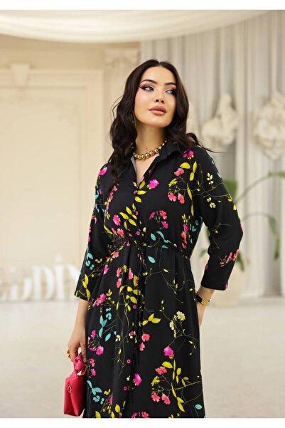 Cannes Essia Women's Belted Floral Patterned Shirt Black Dress