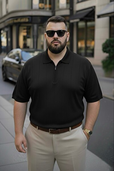 Maccali Erkek Premium Büyük Beden Siyah Triko Polo Yaka Tişört