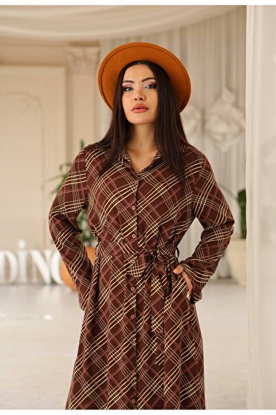 Cannes Arima Women's Casual Square Patterned Belted Brown Stylish Dress