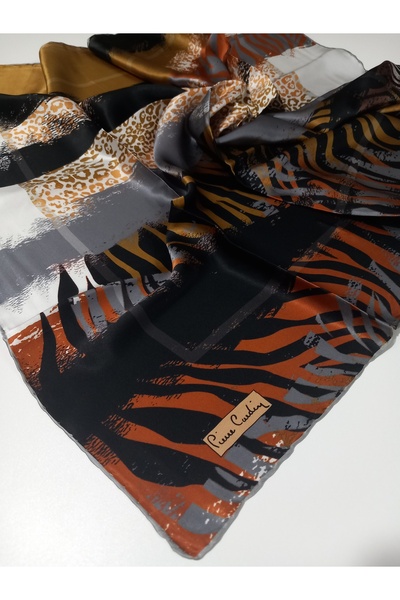 Pierre Cardin Black and Brown Mixed Pattern Sura Silk Scarf-8392230-Kvs0566