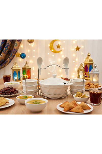 SNK Premium 16 Pc Porcelain Soup Pot Set for 6 Person , Silver Stand Bowls & ...