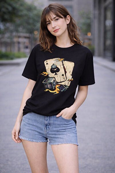 trivexa Oversize 100% Cotton Graphic T-Shirt with Flame Ace Card Design