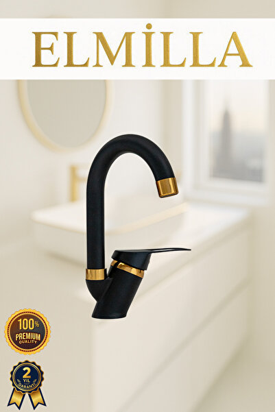 elmilla Siyah Gold Banyo Lavabo Musluğu Bataryası Çeşmesi Baston Borulu Lüx T...