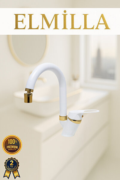 elmilla Beyaz Gold Banyo Lavabo Musluğu Bataryası Baston Borulu Lüx Tasarım Ç...