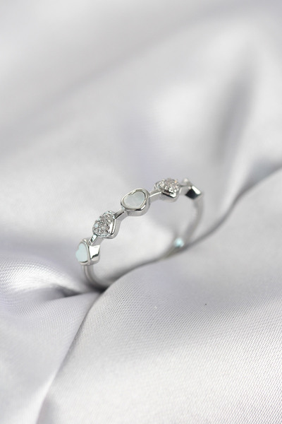 doremodam خاتم نسائي من النحاس بحجر الزركون بتصميم قلب بسيط باللون الفضي - لي...