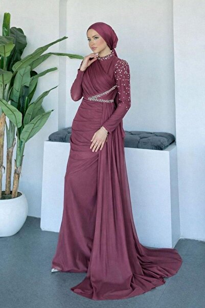 Şulemoda Giyim Rochie de seară Ava cu mâneci decorate cu pietre, roz prăfuit