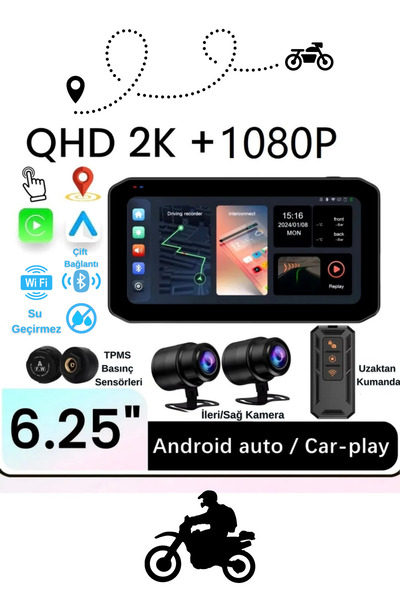 özgürce 6.25'' 2K Dokunmatik Su Geçirmez Motosiklet CarPlay GPS, 2 Kameralı, ...
