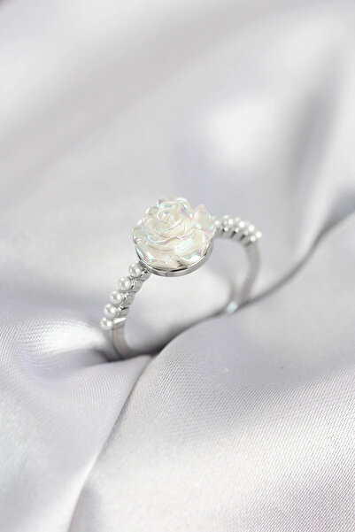 shopwave خاتم نسائي من اللؤلؤ موديل الوردة باللون الفضي