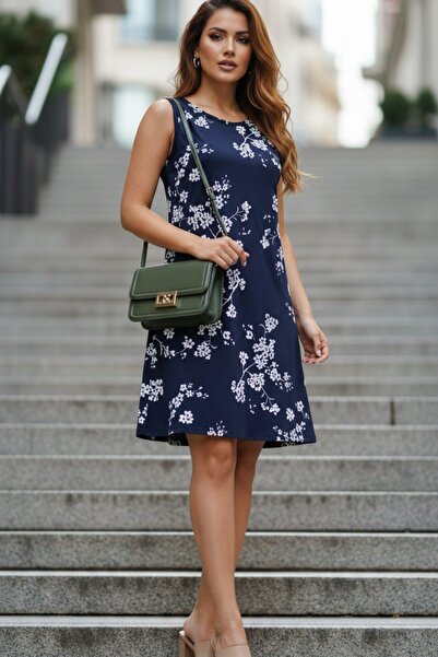 Mossta Floral Print Above Knee Sleeveless A-Line Single Jersey Dress - Navy Blue