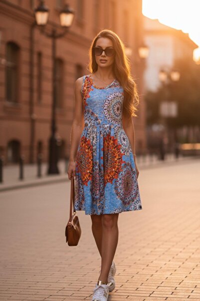 Mossta Geometric and Authentic Patterned Casual Single Jersey Dress - Blue