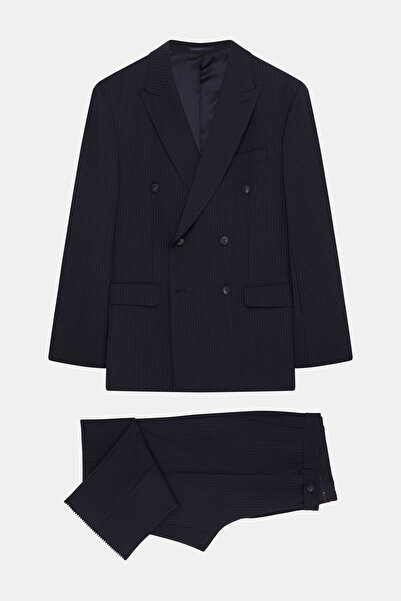 W Collection 6 Drop Dark Blue Polyester Wool Suit