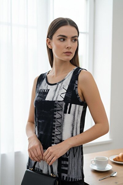 Mossta Geometric Patterned Sleeveless Single Jersey Blouse - Black