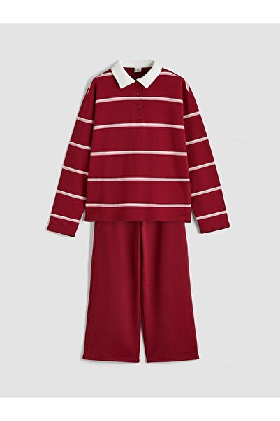 LC Waikiki Polo Collar Striped Girls' Sweatshirt and Sweatpants