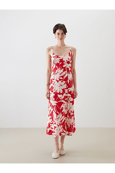 LC Waikiki Lcw Vision Red U-Neck Floral Rope Strap Dress