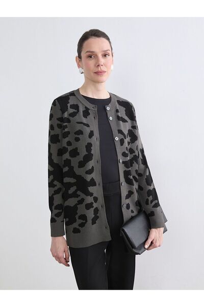 LC Waikiki Crew Neck Leopard Patterned Women's Knitwear Cardigan