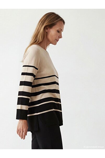 LC Waikiki Lcw Grace Beige Crew Neck Striped Women's Knitwear Sweater