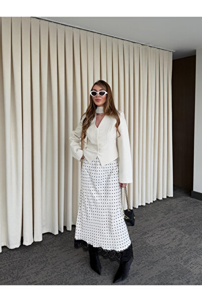 Laluvia Ecru Polka Dot Satin Skirt with Lace Hem - 50228