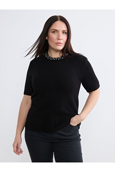 LC Waikiki Soulife Black Large Size Crew Neck Women's Knitwear Sweater with S...